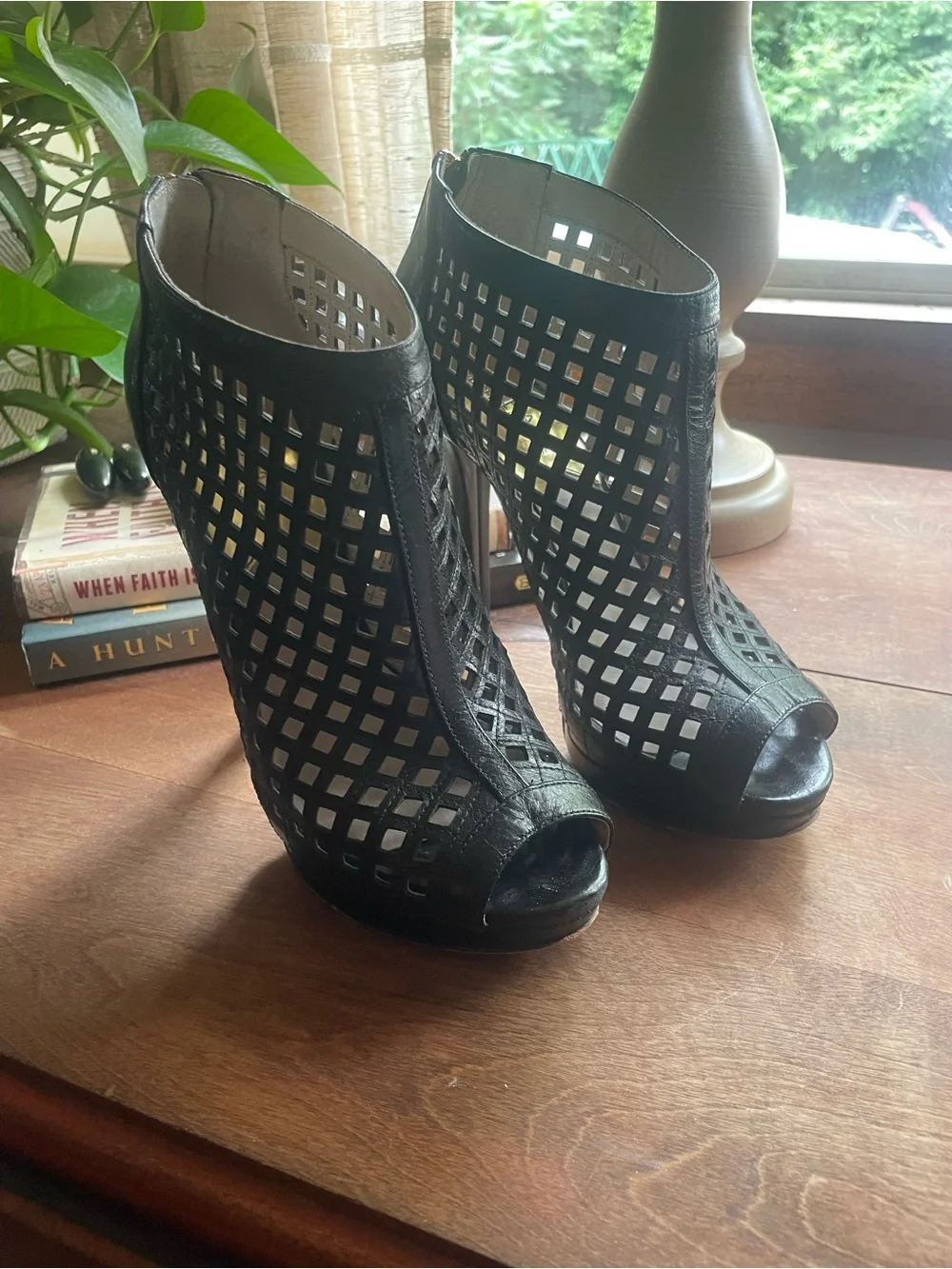 Michael Kors Black Laser-Cut Peep-Toe Booties